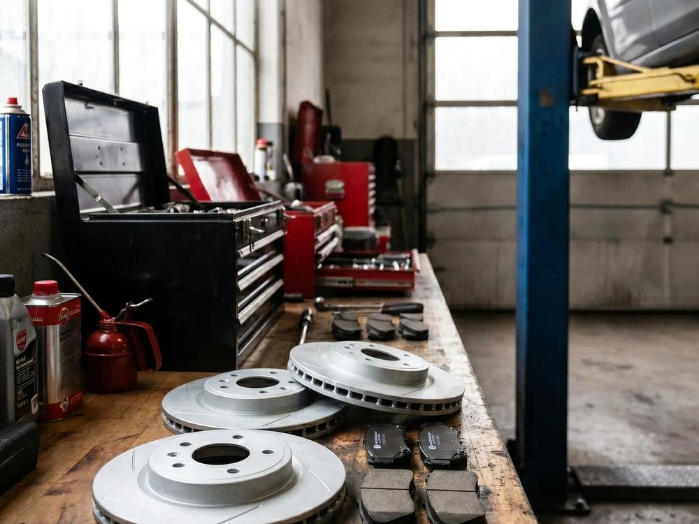Brake rotors and pads on a shop workbench